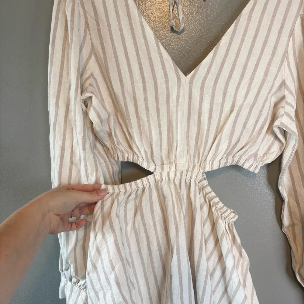 Sam Edelman Medium Linen Blend Emely Mini Cutout Stripe Dress White Tan - Picture 3 of 7